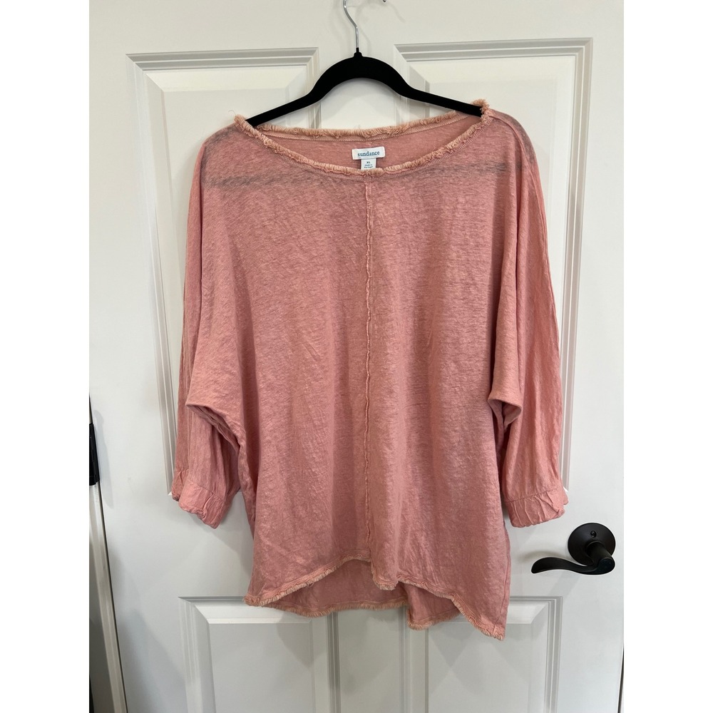 Sundance 100% Linen 3/4 Sleeve Fringe Hem Crewneck Semi Sheer Top Size XL